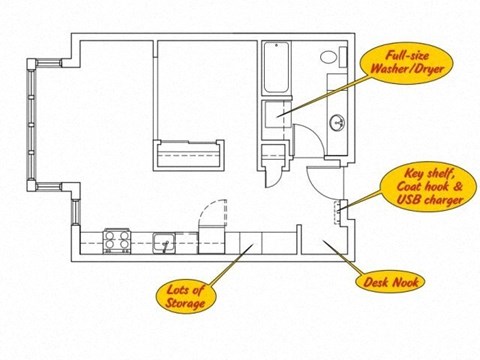 Floor plan for 1 bed, 1 bath, 555 sqft